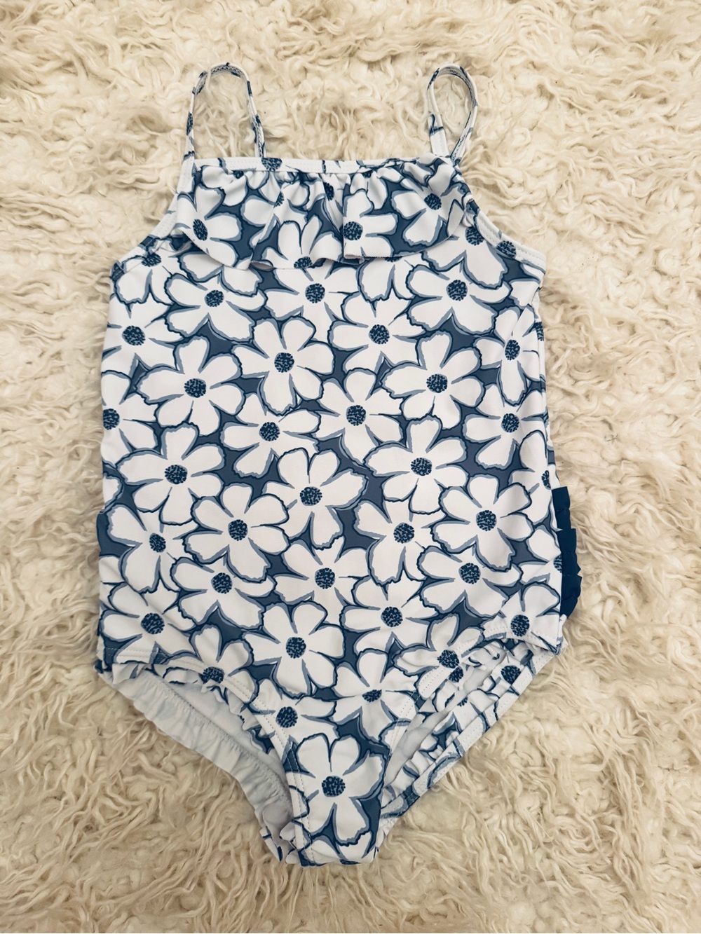 Girls Floral One-Piece Swimsuit - Navy and White with Ruffle Bottom